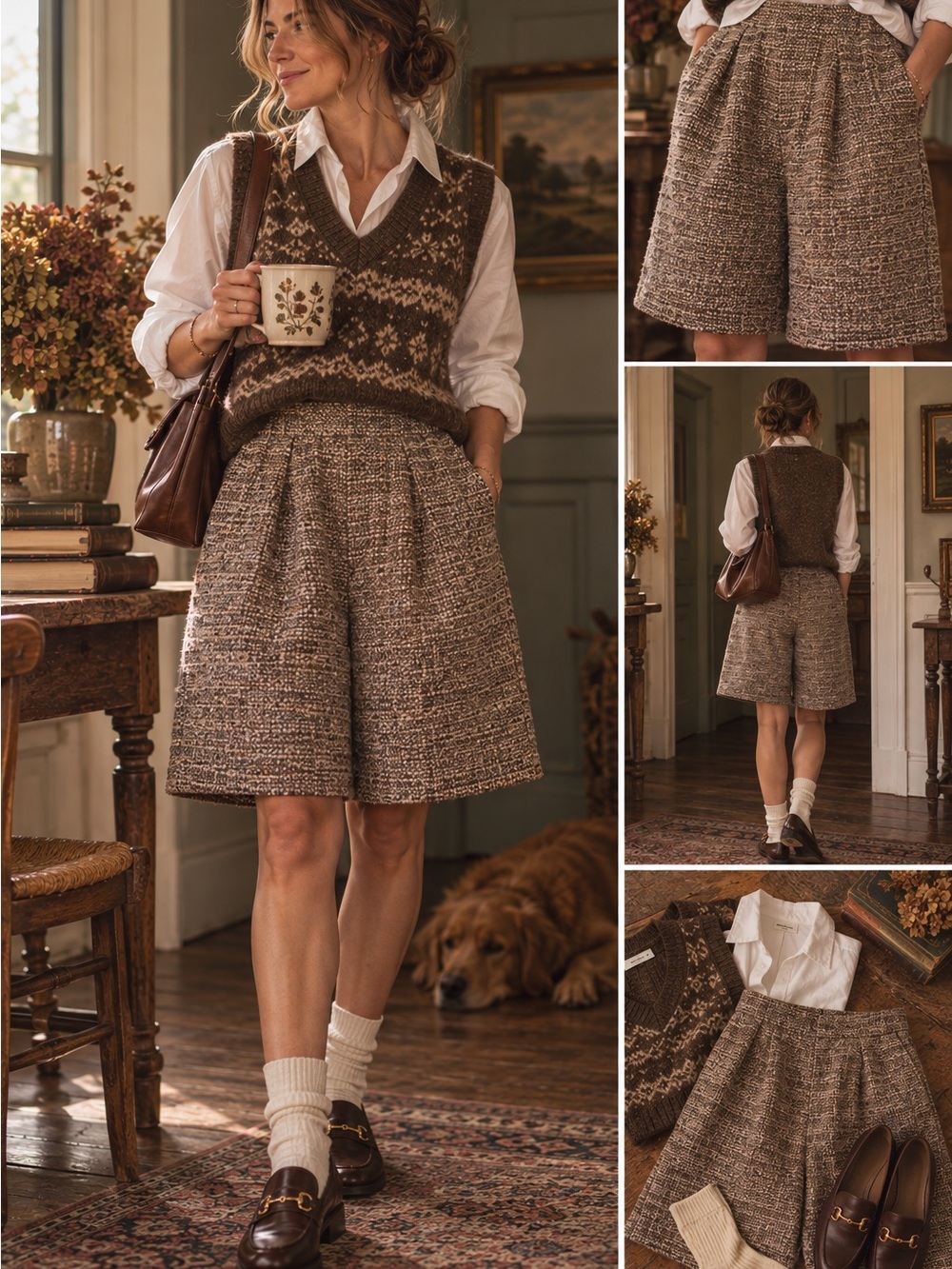Vintage handmade Textured Brown Tweed Pleated Women's Shorts, xs